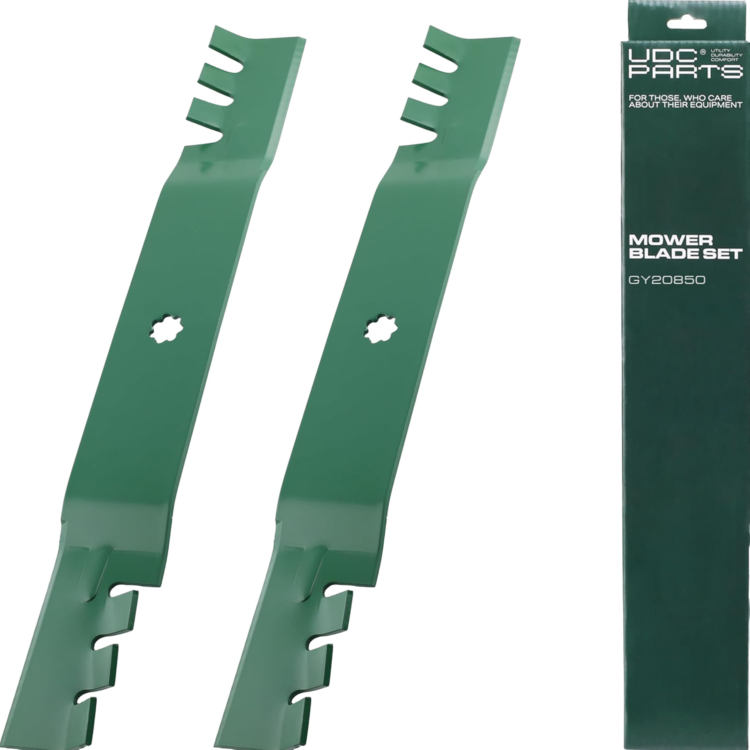 UDC Parts GY20850 D130 D105 D110 Mower Blades Replacement for John Deere 42 inch S100 E100 E120 E130 Z225 AM141033 GX22151 AM141031 AM141034 X305R D100 LA105 D125 LA115 E110 / Gator Mulching / 2 Pack Image