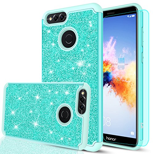 Huawei Honor 7 Case,Huawei Honor 7X Case with HD Screen Protector,LeYi Glitter Bling Girls Women [PC Silicone Leather] Dual Layer Heavy Duty Protective Phone Case for Huawei Honor 7/7X TP Mint