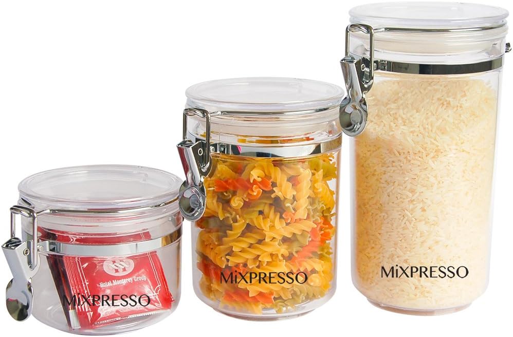 3 Piece Plastic Canisters Sets For The Kitchen, Food Acrylic Container - Food Jars Airtight Clamp Lids Clear Storage - By Mixpresso