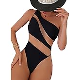 KZIYBON Women's one-Piece Swimsuit mesh Paneled one-Shoulder Sexy Tummy-Controlling Monokini