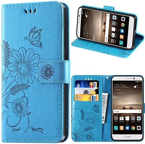 Huawei Mate 9 Case, kazineer Premium PU Leather Flip Case [Flower Pattern] Protective Cover for Huawei Mate 9 (Turquoise-blue)