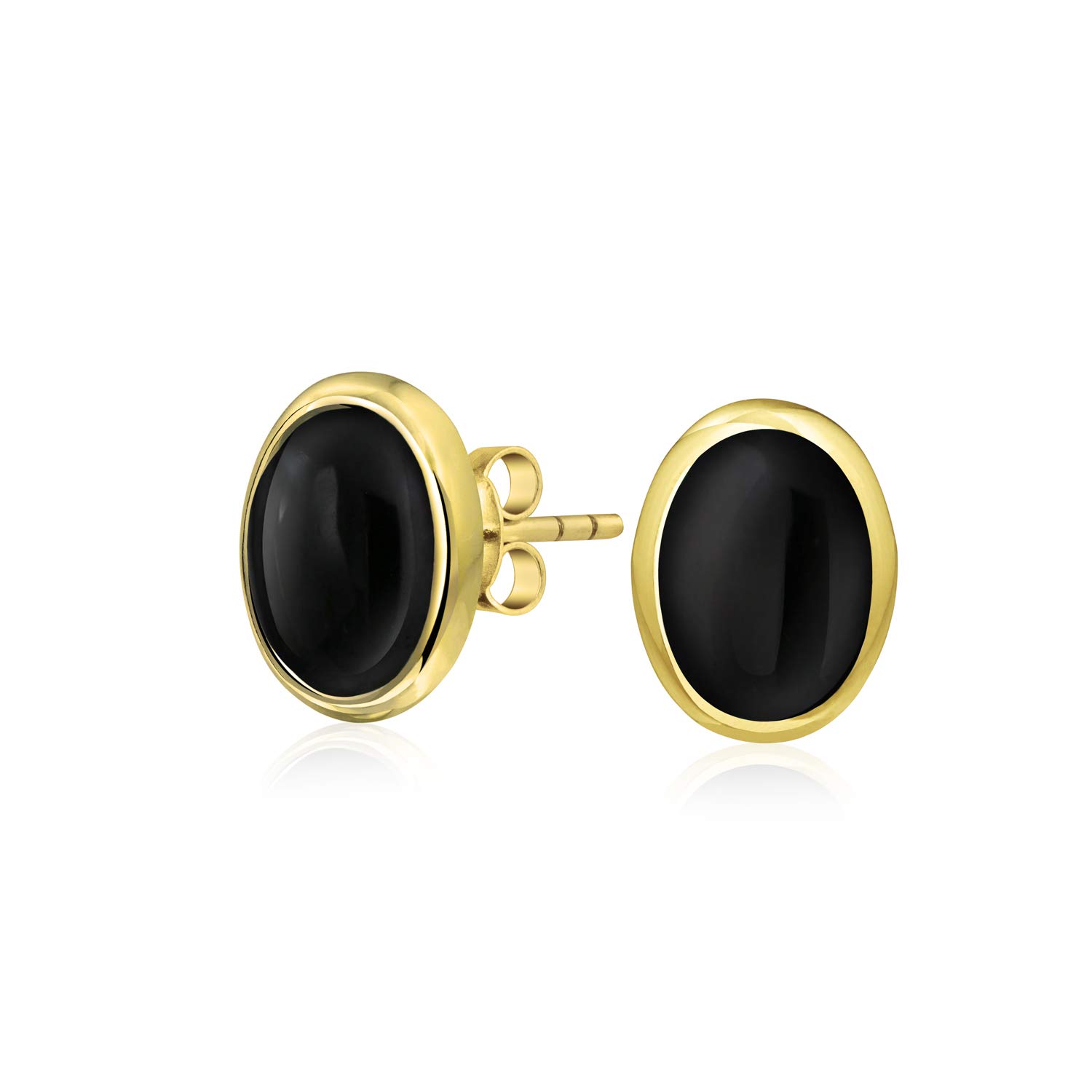Traditional Classic Gemstone Black Onyx Bezel Set Dome Button Oval Stud Earrings For Women Gold Plated .925 Sterling Silver