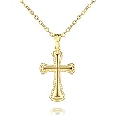 SREEOWER Gold Cross Necklaces for Women 14K Gold Cross Necklace for Women Pendant Necklace Womens Fine Dotted Border and Raised Surface Dainty Cross Chain for Womens Faith (16.5''+3.2'')