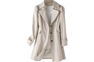 Women Single Breasted Mid-Length Trench Coat Long Sleeve Notched Lapel Overcoat Windproof Classic Outerwear with Pockets