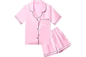 QPANCY Kids Satin Pajamas Sets Baby Boy Girl Button-Down Silk Sleepwear 2 Piece Short Sleeve Loungewear Clothes Set