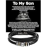 GLAVICY To My Son Bracelet, Braided Leather Bracelet with Stainless Steel Beads Message Card Inspirational Gift from Parents Meaningful Birthday, Graduation, Christmas Gift for Son