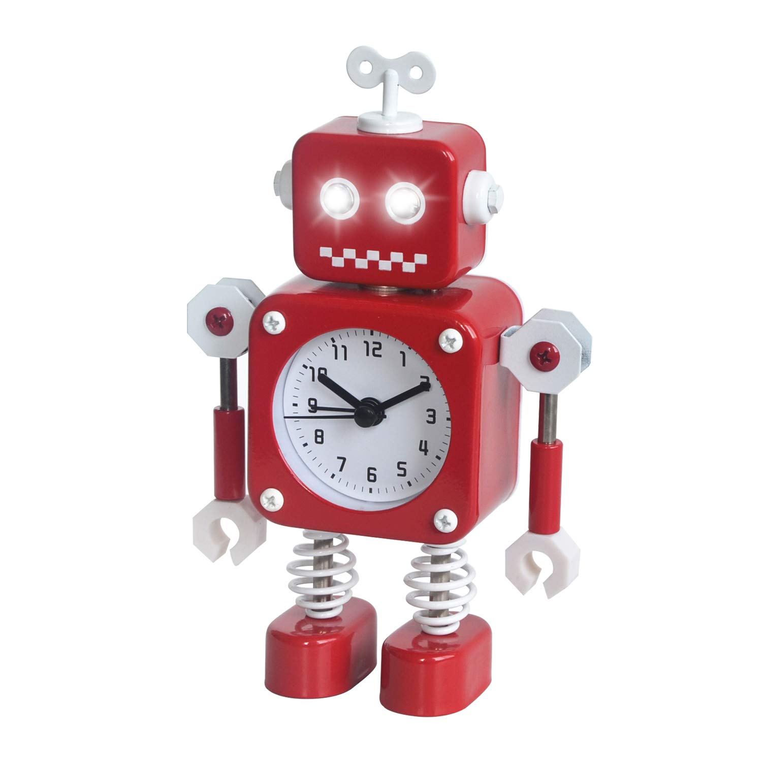 Diskary Robot Alarm Clock,Stainless Metal Non-Ticking Wake-up Clock with Flashing Eye Lights and Rotating Arm,Gift to Children (Red)