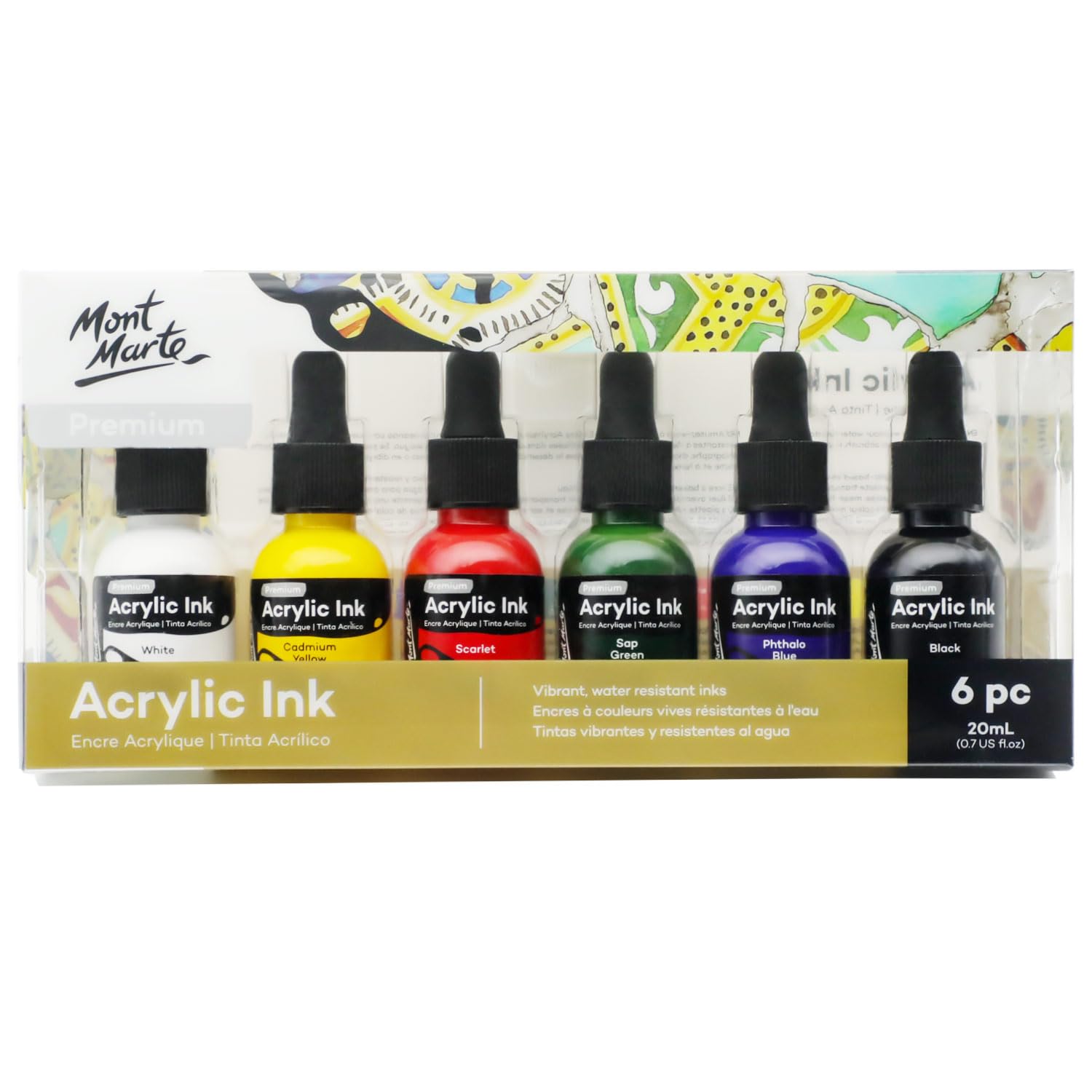 Mont Marte Acrylic Ink Premium 6pc x 20ml (0.7 US fl.oz), Acrylic Inks for Artists, Essential Colours, Ideal for Air Brush, Pouring Art, Scrapbooking, Ink Drawing, Mixed Media