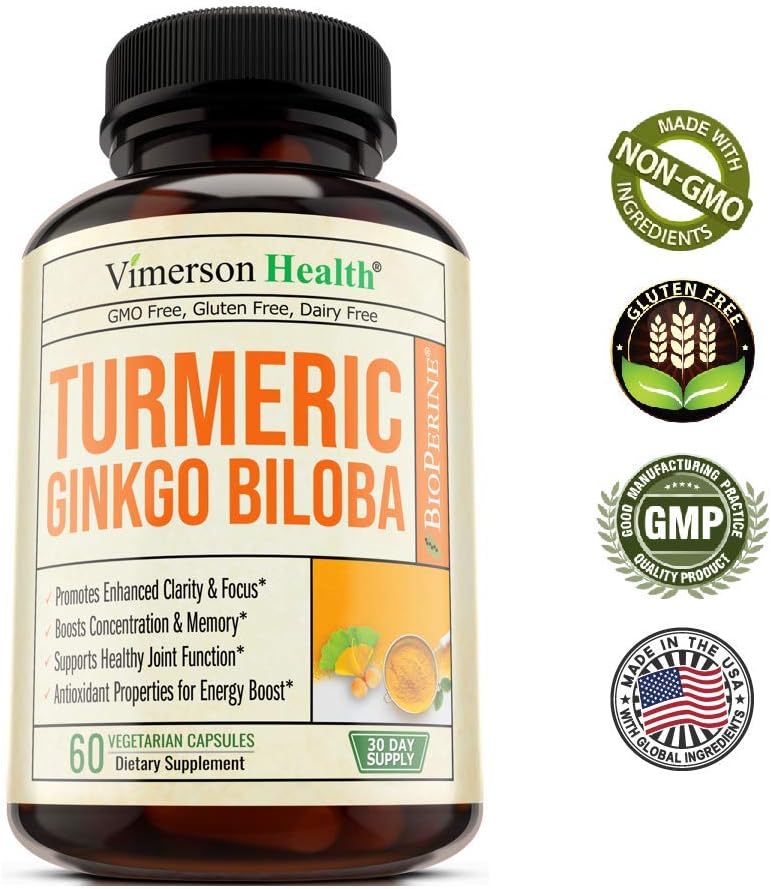 Turmeric Curcumin with Ginkgo Biloba Supplement. Helps Support Healthy Joints and Cartilage. Boosts Focus, Concentration, and Memory. Bioperine for Optimal Absorption. 60 milligrams, 60 Capsules: Health & Personal Care