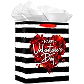 WaaHome Happy Valentines Day Gift Bag with Handle 13''x10.5''x5.8'' Large Red Rose Gift Bags with Tissue Paper, Romantic Valentines Gift Bags for Her Him Girlfriend Boyfriend Wife Husband Women