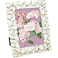Laura Ashley 5x7 White & Gold Flower Textured Hand-Crafted Resin Picture Frame w/Easel & Hook for Tabletop & Wall Display, Decorative Floral Design Home Décor, Photo Gallery, Art (5x7, White/Gold)