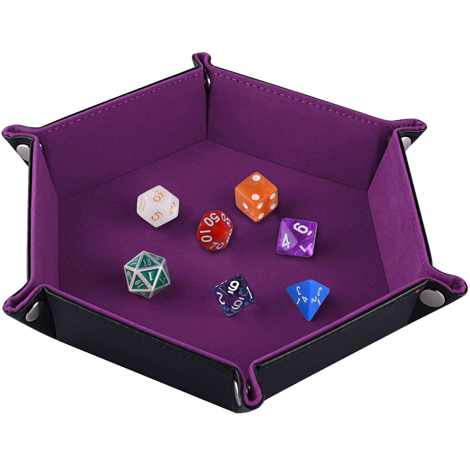 SIQUK Double Sided Dice Tray, Folding Hexagon PU Leather and Dark Violet Velvet Dice Holder for Dungeons and Dragons RPG Dice Gaming D&D and Other Table Games — image 1