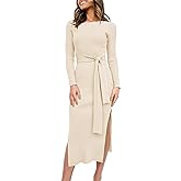 ANRABESS Womens Long Sleeve Sweater Dress Crew Neck Slim Fit Slit Tie Waist 2025 Ribbed Knit Bodycon Midi Dress Fall Outfits