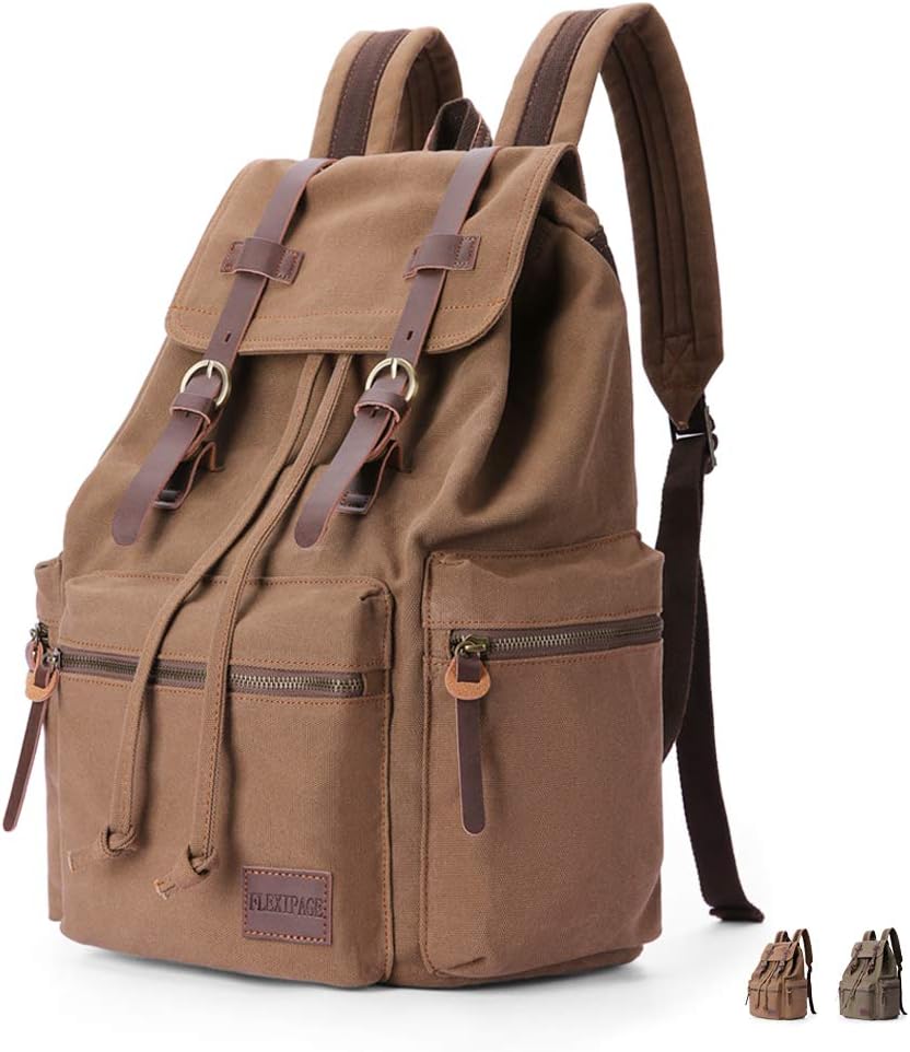 FLEXIPAGE Leather Canvas Vintage Retro Backpack High Capacity College School Hiking Travel Laptop Schoolbag for Men Women
