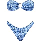 VOLAFA Triangle Bikini Set for Women O Ring Strapless Tie Back Swimsuit Bandeau Textured Two Piece Bathing Suit