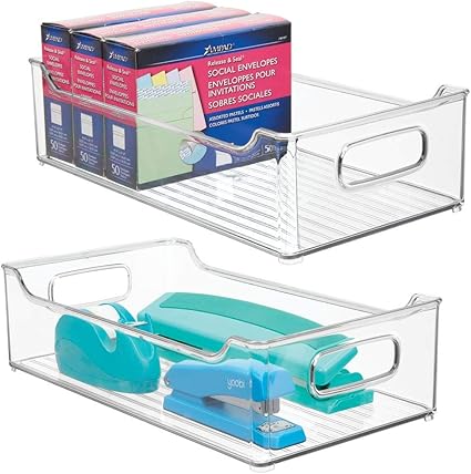 Amazon Mdesign 積み重ね可能 プラスチック 収納容器 デスク 引き出し オーガナイザー ハンドル付きトートバッグ ゲルペン 消しゴム テープ ペン 鉛筆 蛍光ペン マーカー 長さ14 5インチ 2個パック クリア 机上用品 文具収納 文房具 オフィス用品