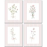 JINYO Coquette Pink Bow Floral Wall Art Prints Set of 4, Floral Room Decor, Preppy Pink and White Striped Flower Posters Pictures Wall Decor for Girls Room Bedroom Dorm Home, 8x10 Unframed