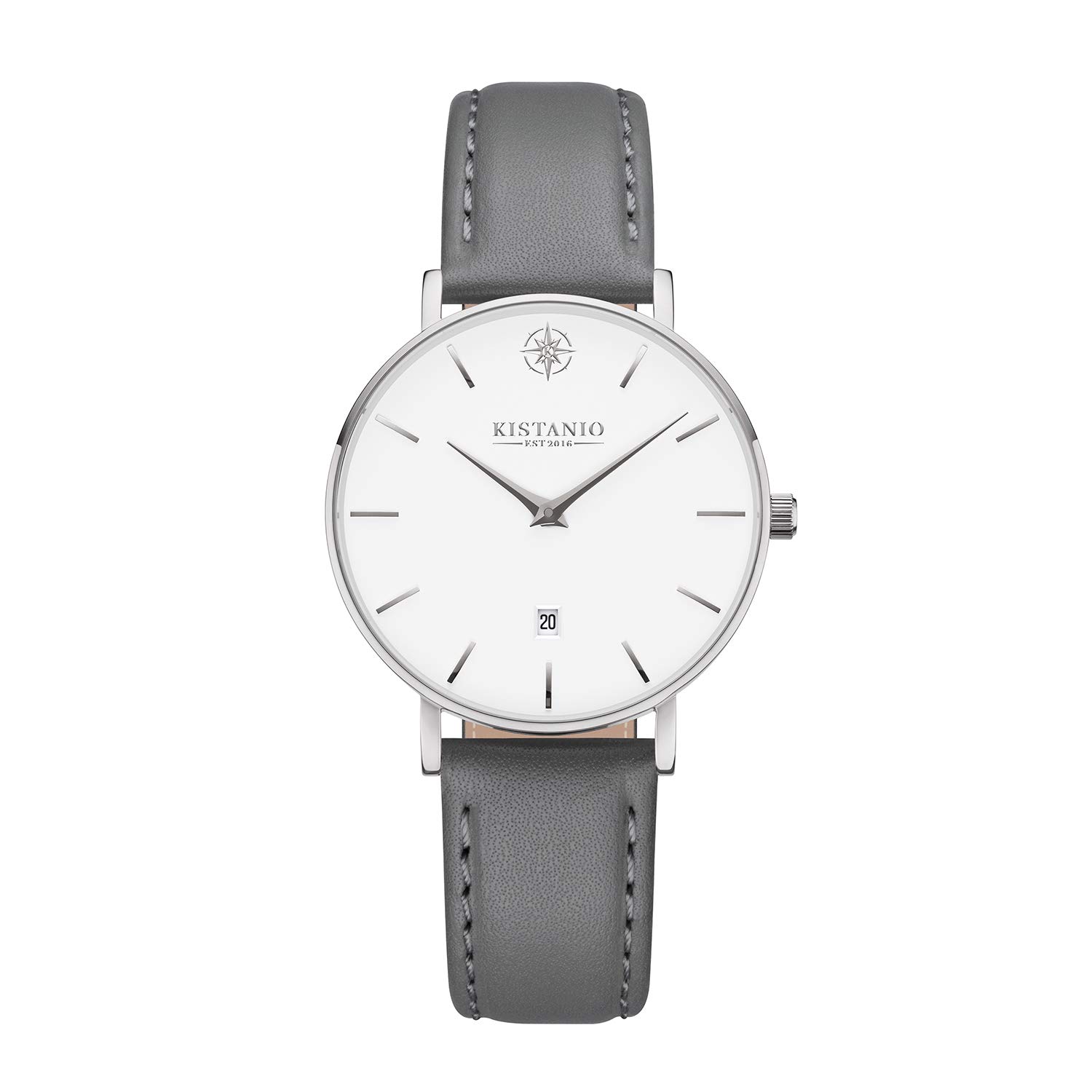 Kistanio Petit Flat Women's Watch with Leather Strap Sapphire Glass 33 mm Diameter Stainless Steel Date Various Variations, white / grey, Strap.