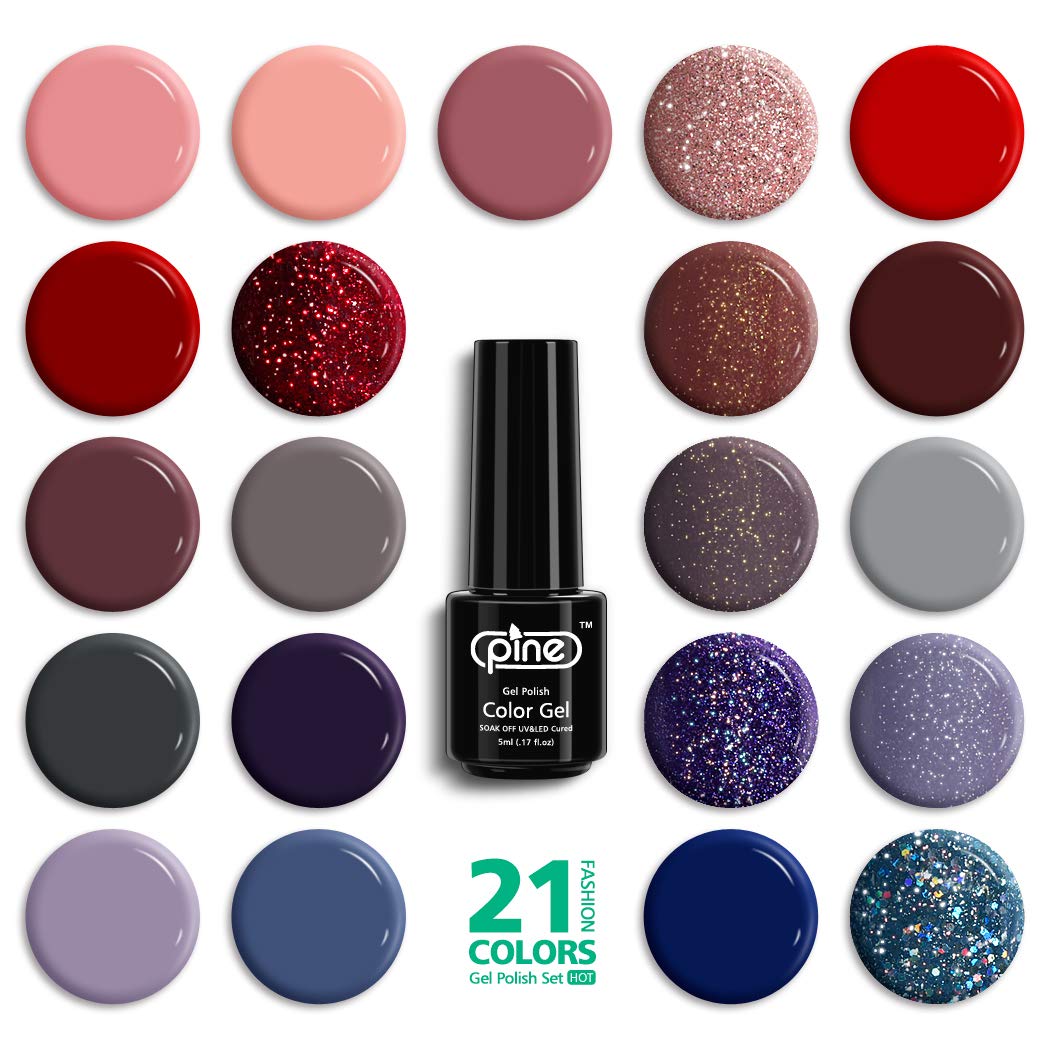 Pine 21 Colors Gel Nail Polish Set with Base No Wipe Glossy Top Matte Top Coat 24 Pcs Soak Off UV LED Gel Nude Red Gray Purple Shimmer Glitter Nail Art Manicure : Beauty