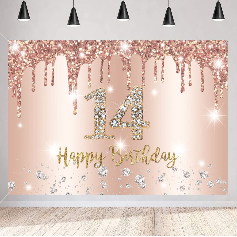 Happy 14th Birthday Decorations for Girls, Happy 14 Years Old Fabric Sign Poster Rosegold Backdrop Banner, 14th Birthday Party Supplies, Photography Background Welcome Sign, 150cm x 90cm