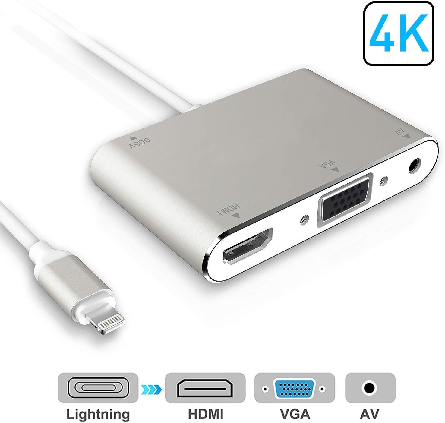 HDMI VGA AV Adapter Converter, 2019 Latest 4 in 1 Plug and Play Digtal AV Adapter Compatible for iPhone X / 8 / 8Plus/7/7Plus/6/6s/6s Plus/5/5s iPad iPod to Projector HDTV Projector Monitor (Sliver)