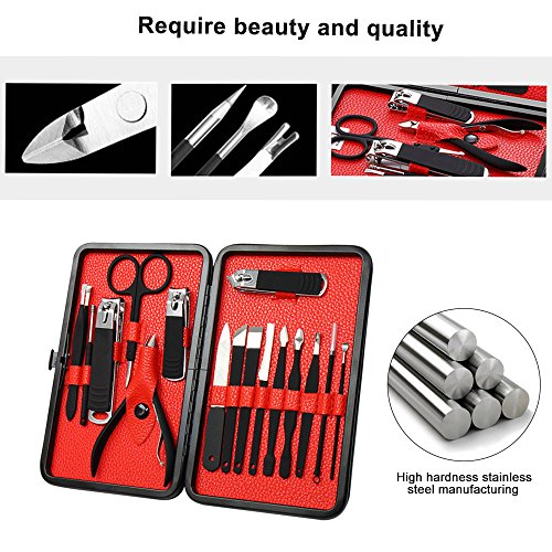 Mens Manicure Set - Mifine 16 In 1 Rubber Plastic Stainless Steel Professional Pedicure Kit Nail Clippers Upgrade Grooming Kit with Black Leather Travel Case Third Generation(Red)