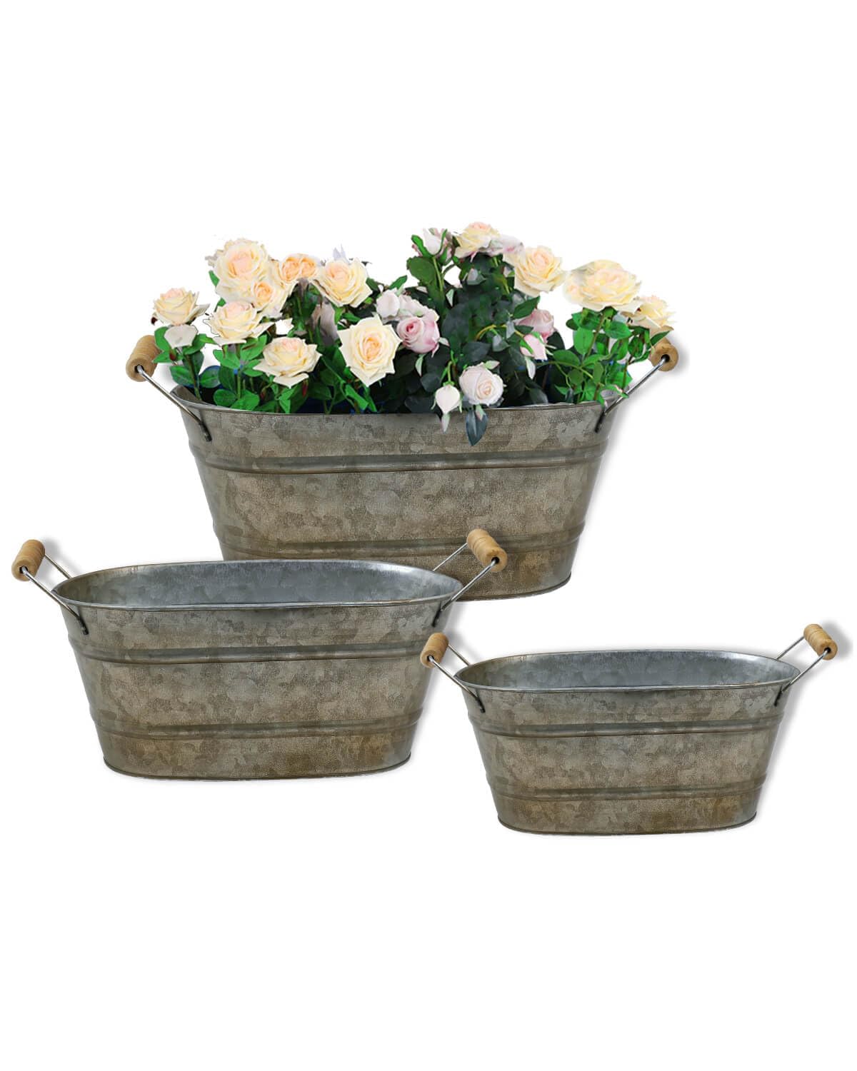 Photo 1 of vensovo Galvanized Metal Oval Planter Buckets with Handles – Set of 3 Rustic Farmhouse Flower Tubs with Drain Holes & Plugs, Vintage Small Pots for Herbs, Succulents, Wedding or Tabletop Decor