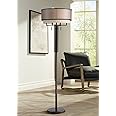 Franklin Iron Works Alamo Industrial Rustic Farmhouse Standing Floor Lamp 62" Tall Bronze Sheer Brown Organza Linen Fabric Double Drum Shades for Living Room Reading Bedroom Office House Home Decor