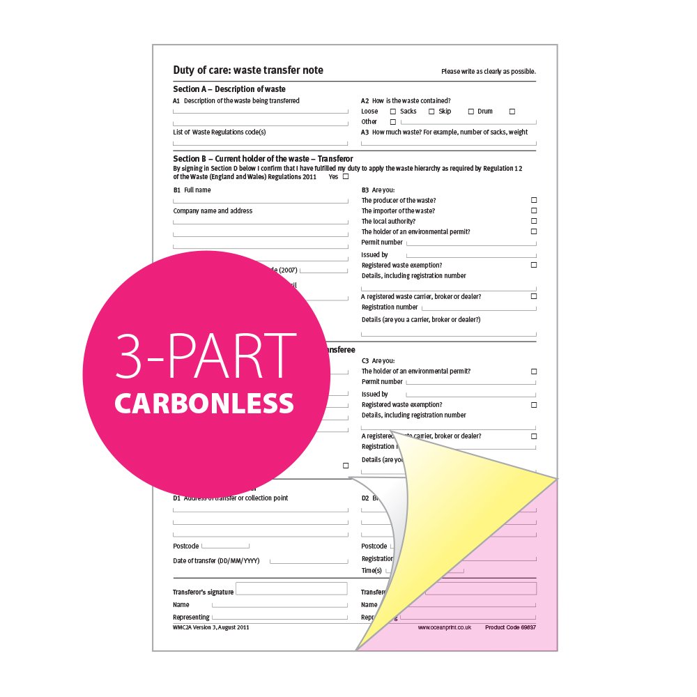 oceanpads Duty of Care Waste Transfer Note Pad, A4, 3-Parts Triplicate, Carbonless Paper (Product Ref 69837) [Pack 1]