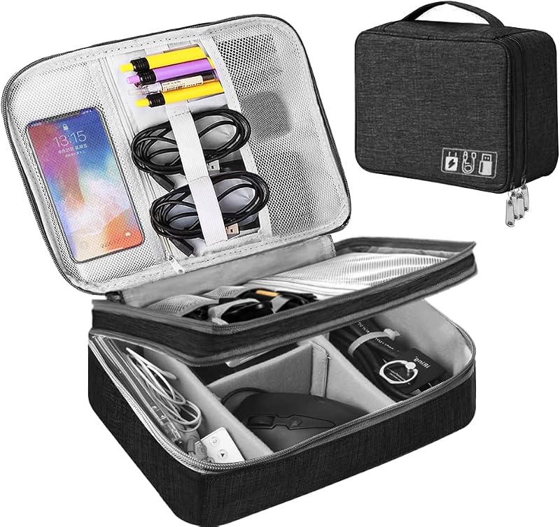 HCFGS Travel Cable Organizer Bag 3-Layer Large 28x21x10cm Black