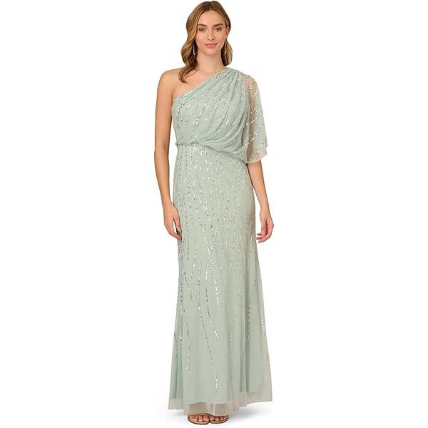 adrianna papell foil asymmetric maxi dress sage gold Adrianna Papell Asymmetric Metallic Foil Leaf Gown - Sage/Gold