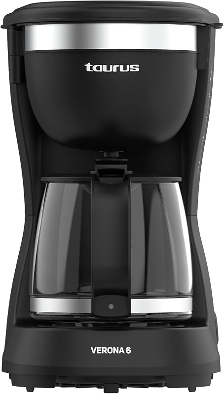 Taurus Verona 6 Drip Cafeteira, 600W, 600 ml, Intense Flavour Tech, Placa de aquecimento, Filtro permanente lavável, Jarro de vidro anti-gotejamento, Design compacto preto mate, BPA Free