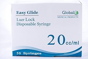 USNYABNI 20ml Sterile Syringe Only with Luer Lock Tip - 50 Sterile Syringes by Global (No Needle)