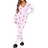 VFURYGD Women Heart Print Pajamas Jumpsuit Deep V-Neck Butt Flap Rompers One Piece Sleepwear Clubwear Nightwear