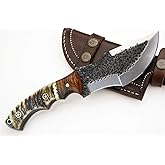 Whole Earth Supply D2 Steel Hunting Knife, Hammered Damascus Pattern, Ram Horn Handle, Leather Sheath (D2 Steel (Hammered), 4.5 inch blade)