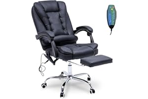 ONPNO Reclining Office Chair with Massage, Ergonomic w/Foot Rest, PU Leather Executive Computer w/Heated, Padded Armrest, High Back Swivel Recliner for Home Study (Black)
