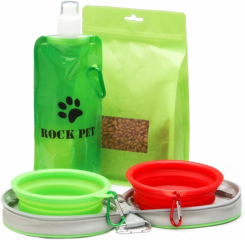 RockPet Collapsible Travel Dog Bowls Set, Portable Silicone Pet Bowls with Water Bags and Dog Food Storage for Small Dogs & Cats.