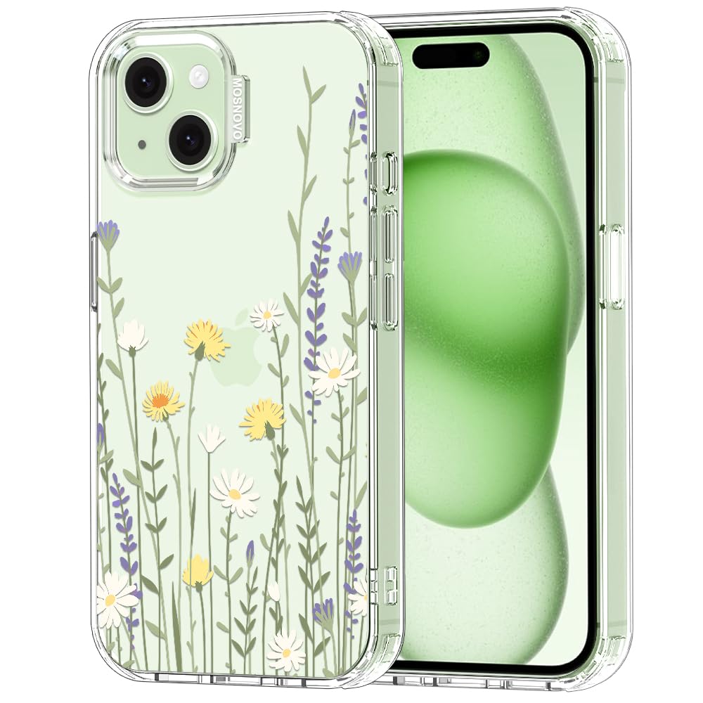 MOSNOVO Case for iPhone 15, [Buffertech 6.6ft Military-Grade Drop Protection] [Anti Peel Off Tech] Clear TPU Bumper Phone Case Cover Design - Wild Meadow — image 1