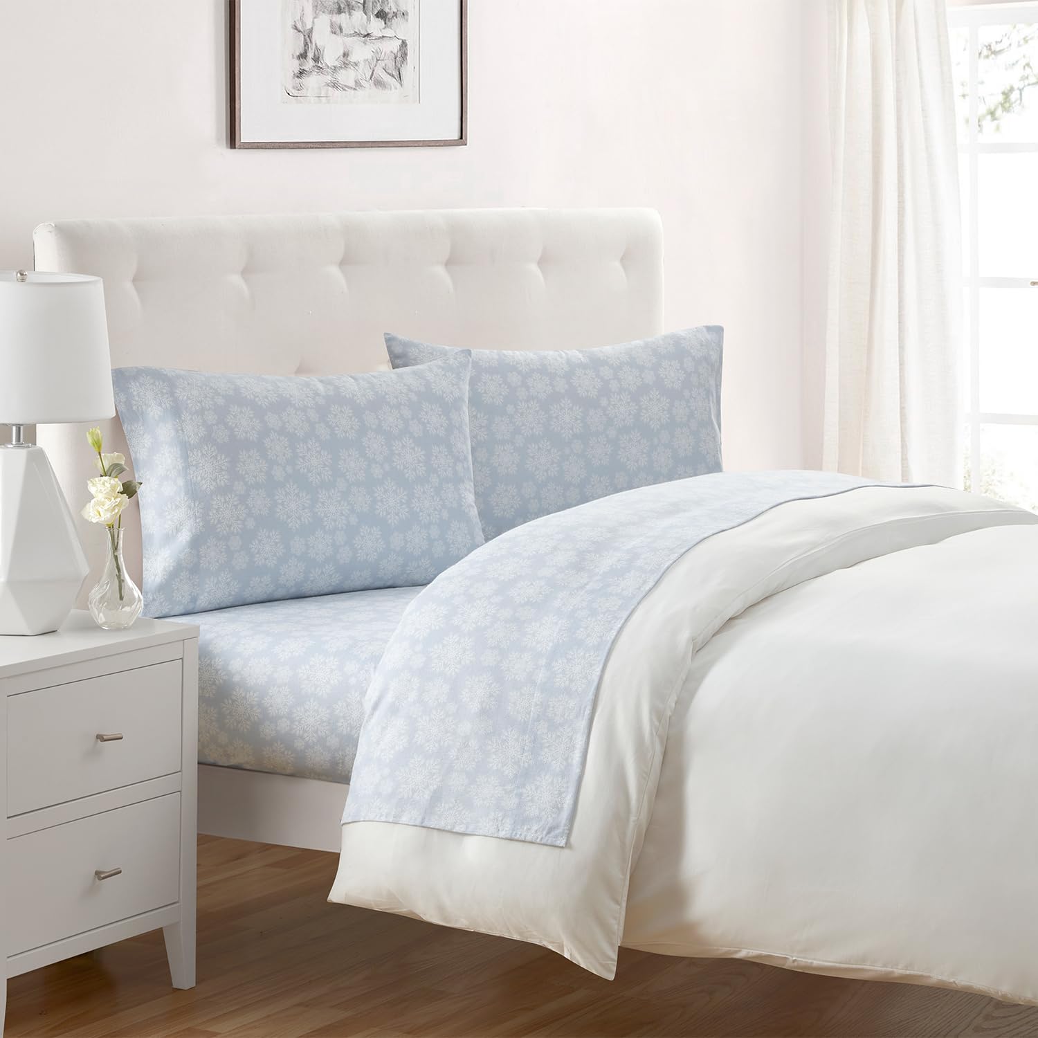Tahari Home – King Sheets, 4-Piece Cotton Flannel Bedding with Matching Pillowcases, Brushed for Extra Softness, Cozy Home Decor (Snowflake Blue, King)