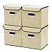 EZOWare 4pc Storage Basket Bins with Lid - Linen lidded Fabric Folding Boxes Cubes Containers - Beige, 9.8 x 9.8 x 9.8 inches