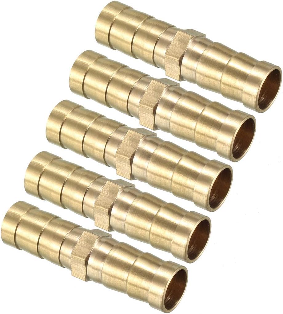 sourcing map 10mm Brass Barb Hose Fitting Straight Connector Coupler 5pcs, Gold
