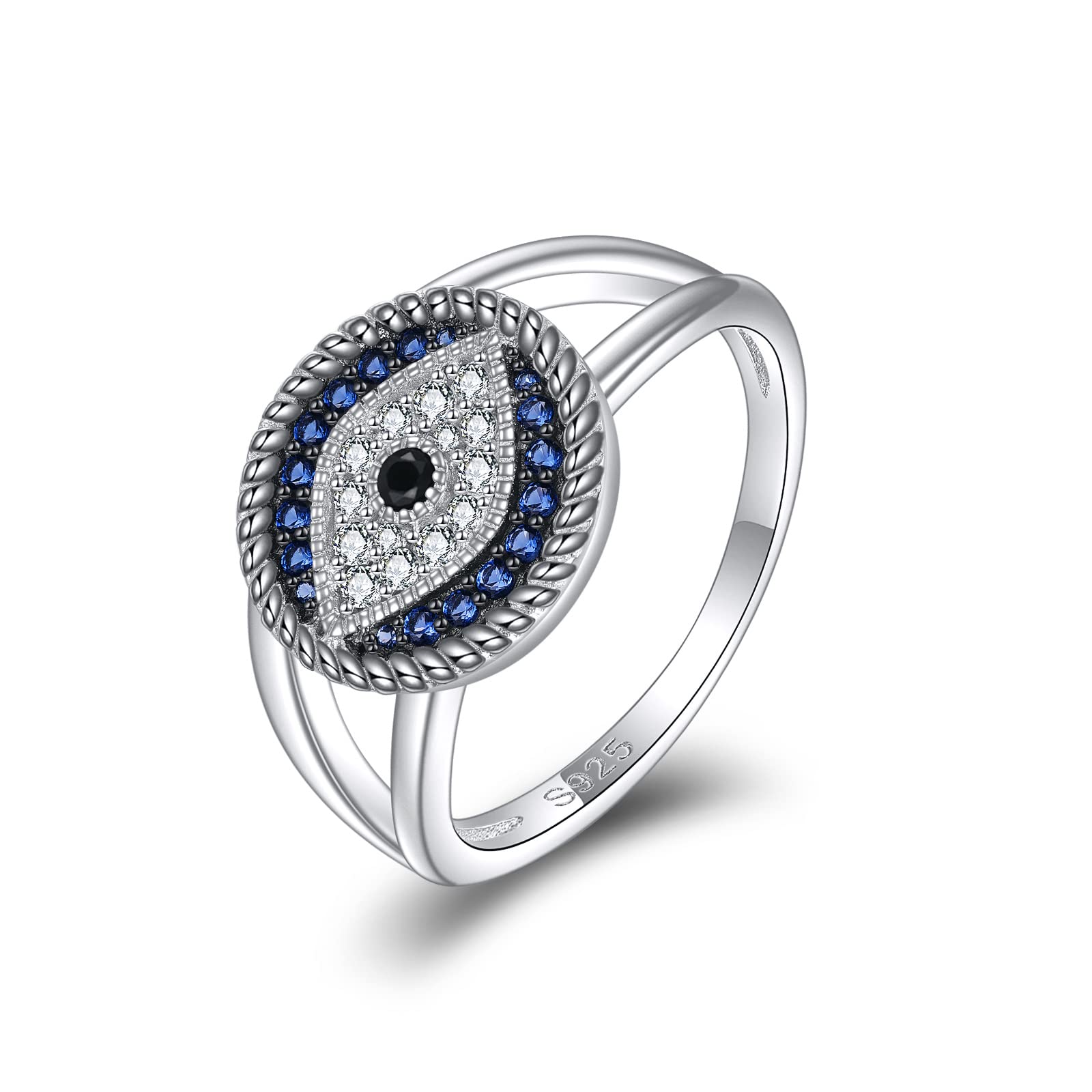 VONALA Evil Eye Ring 925 Sterling Silver Blue Evil Eye Band Ring with Cubic Zirconia Luck Amulet Ojo Turco Evil Eye Jewellry Gifts for Women Girls