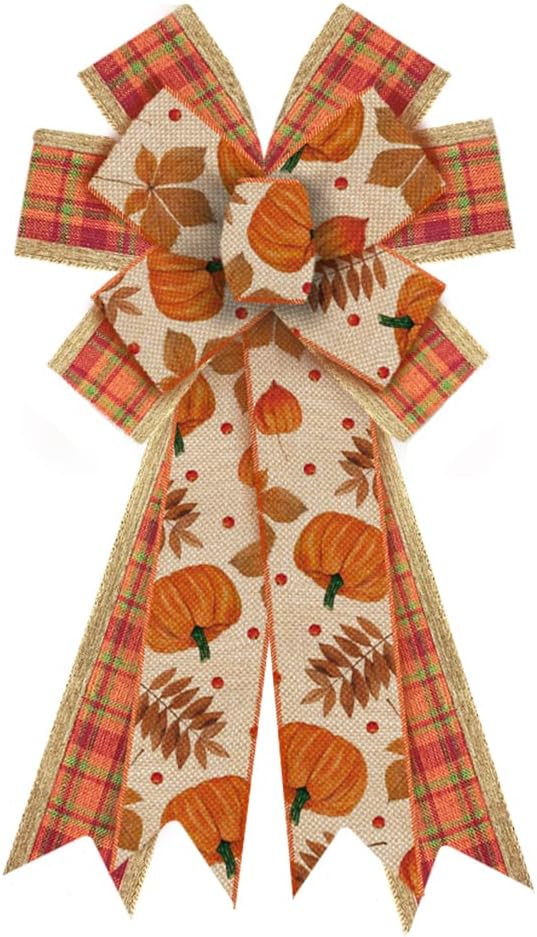Bows & Ribbons - Large Fall Wreath Bows Thanksgiving Bows Pumpkin Leaves Plaid Burlap Bows for Wreaths, Fall Ribbon Bows Tree Topper Bows for Thanksgiving Home Indoor Outdoor Decoration Wreath Ornament Supplies