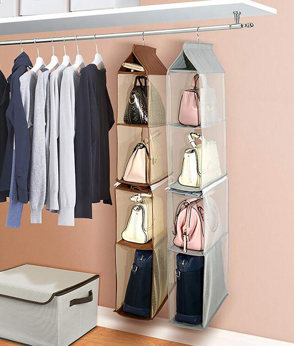 ixaer Detachable Hanging Handbag Organizer Purse Bag Collection Storage Holder Wardrobe Closet Hatstand 4 Compartment (Brown)