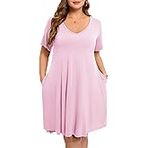 ZENNILO Women's Plus Size Swing Dress with Pockets Casual Summer Dresses V Neck Short Sleeve T Shirt Dress for Women Pink, 1X