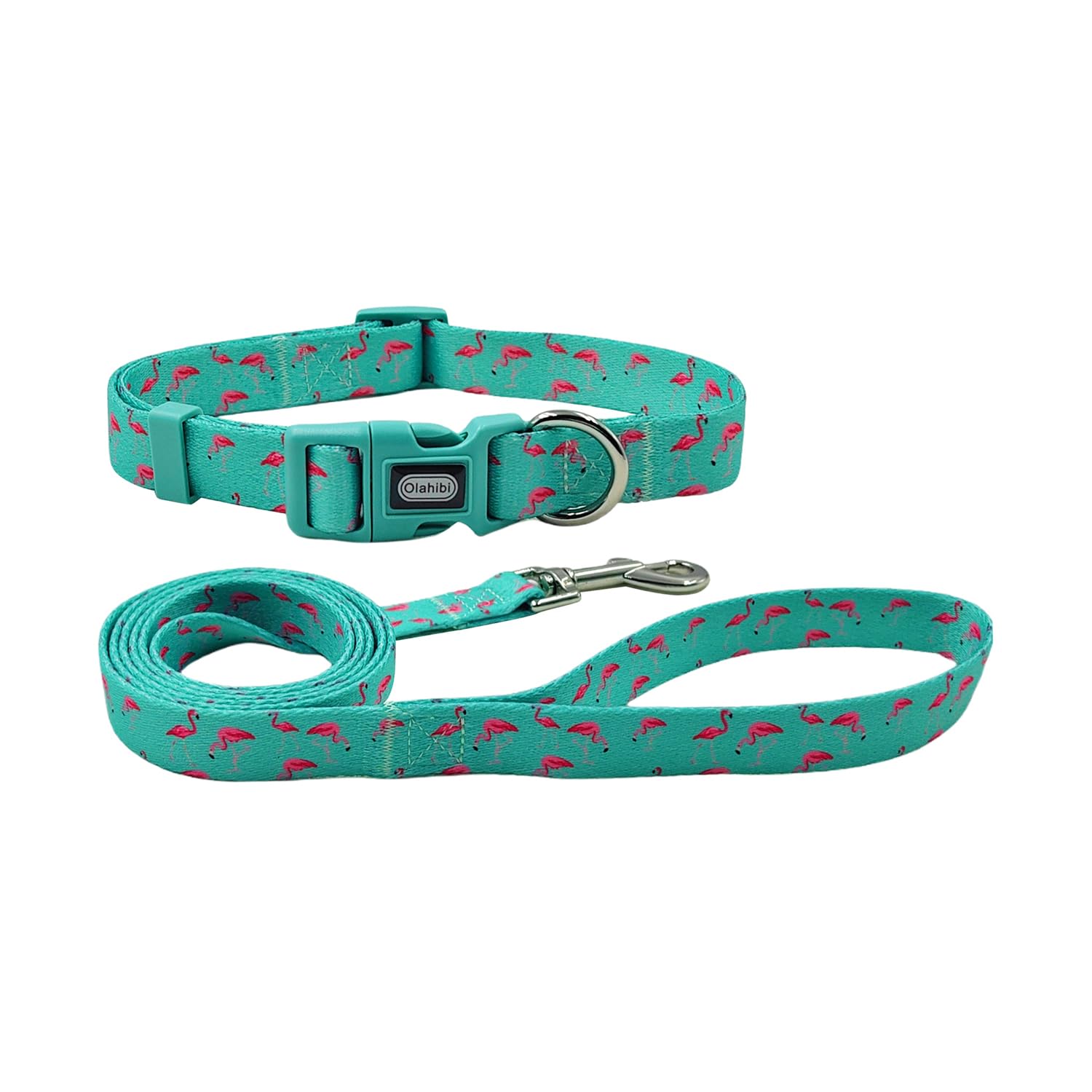 Olahibi Dog Collar Leash Combo Set, Flamingo Pattern, Polyester Webbing, Collar and 150CM Matching Leash, for Small Dogs.(S, Green Flamingo) — image 1