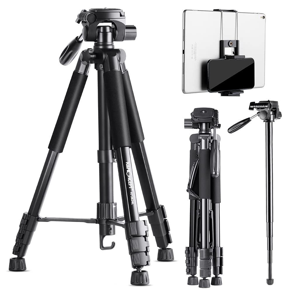 K&F Concept Lightweight Travel Tripod with 3-Way Swivel Pan Tilt Head and Video Stand with Cellphone Holder, Smartphone Clip, Quick Release Plate for Phone and DSLR Cameras 0