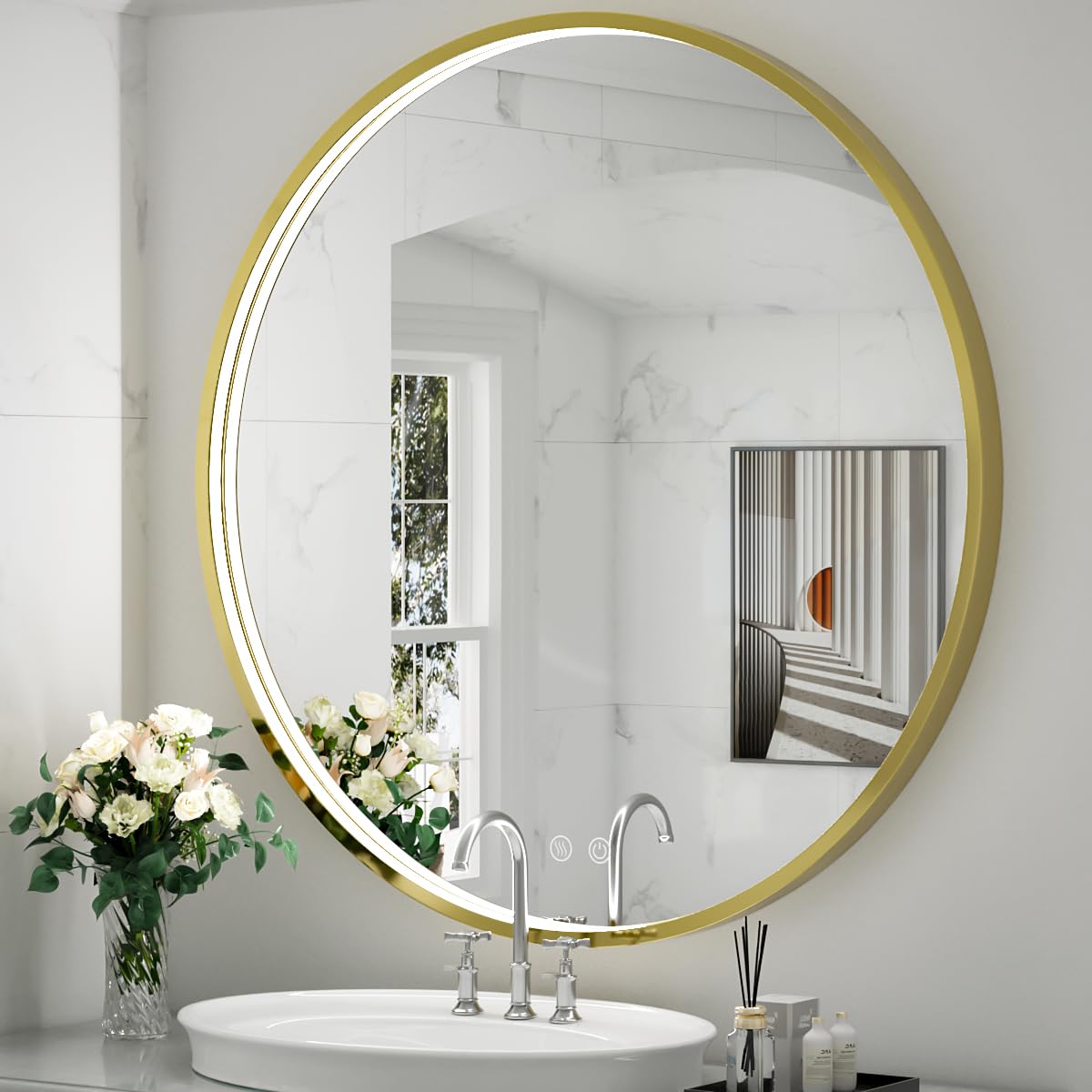Photo 1 of FTOTI 40" Round LED Bathroom Mirror, Dimmable Anti-Fog Vanity Mirror with Touch Control, 6000K Natural Light, Gold Metal Frame, Wall Mounted for Makeup Shaving (IP54, 90+ CRI)