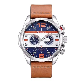 Curren Business Casual Brown Leather Watch with Blue White Dial and Decorative Sub-Dials for Men & Women + Free Assured Gift