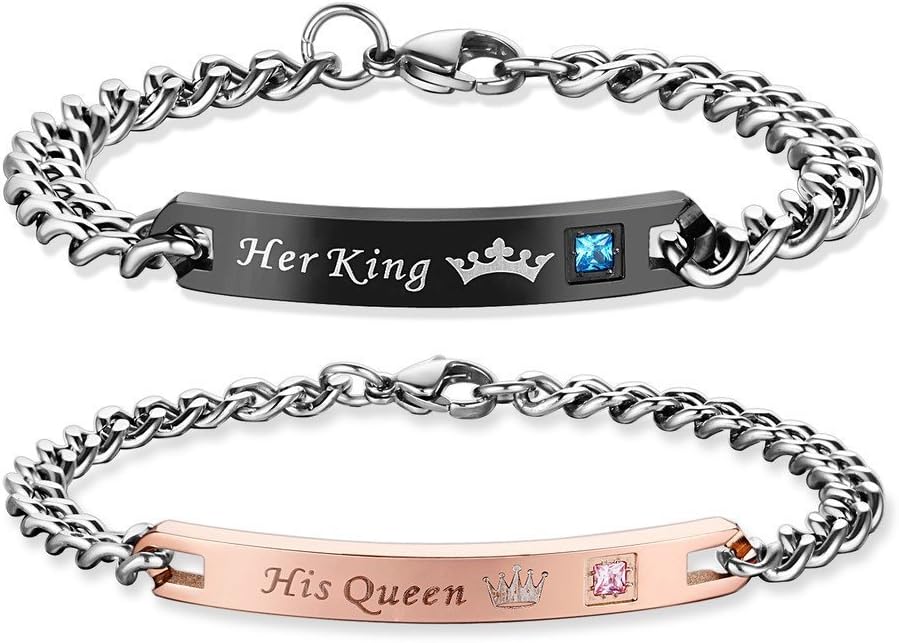 Couples Bracelets King Queen Engraved Crown Adjustable Stainless Steel Rose Gold Black Bracelets For Couples Him Her Wife Husband